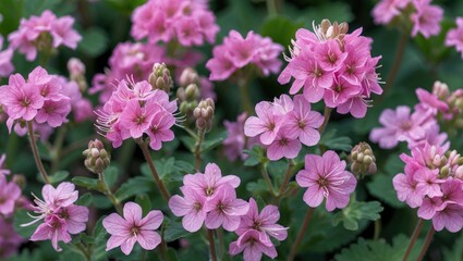 Obraz premium Pink geranium macrorrhizum blossoms in full bloom with lush green foliage creating a vibrant garden scene showcasing nature's beauty.