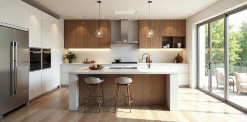 Bright, airy kitchen boasts a stunning island & stainless steel accents; high-end finishes throughout  , open plan, lighting