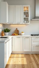 Bright kitchen banner, white cabinets, wooden floor, breakfast on countertop, style, background