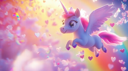 Obraz premium Pegasus unicorn with big sparkling eyes flying under a rainbow with a trail hearts