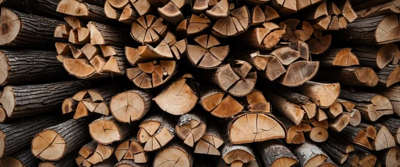 Selbstklebende Fototapeten Stacked firewood logs with visible rings and textures creating a natural and rustic backdrop for organic designs and themes. © GenZGraphics