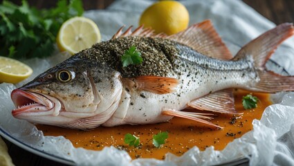 Obraz premium Head-On Red Snapper Seasoned and Stuffed with Herbs on a Platter with Lemon and Herbs Ready for Cooking