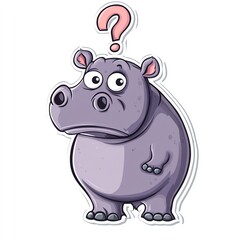 Fototapeta premium Cartoon hippo with a puzzled expression and a question mark above its head.