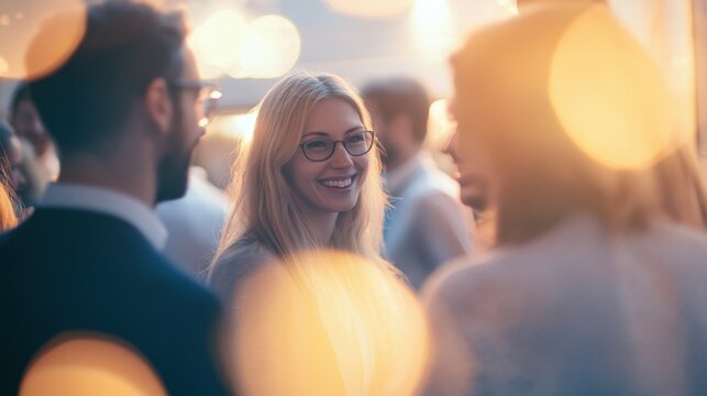 A blurred shot of business people networking at an office party, with soft lighting and bokeh effects creating a warm, social atmosphere.
