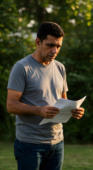 Fototapeta premium Middle aged man with tired eyes holding and reading a document outdoors, conveying a sense of concern and contemplation.