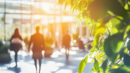 Blurred background of people walking in a modern office building with green trees and sunlight , eco friendly and ecological responsible business concept