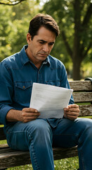 Obraz premium Middle aged man with tired eyes holding and reading a document outdoors, conveying a sense of concern and contemplation.