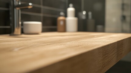 A close-up of a space on a minimal wooden bathroom tabletop in a modern elegant bathroom.