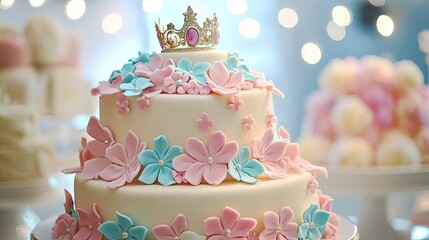 Whimsical princess cake with a white buttercream base, adorned with pink and turquoise sugar flowers and a tiara.