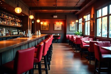 Empty bar counter, red high chairs, comfortable restaurant interior, tall chairs, clean