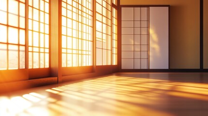 Sunset Illuminates Minimalist Room with Shoji Screens and Wooden Floor