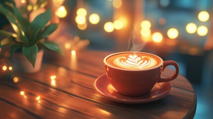 Obraz premium Warm coffee cup with latte art on wooden table in cozy cafe setting