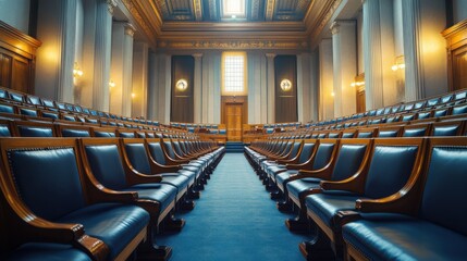 A legislative hall with representatives discussing tech regulations. Featuring security and fairness