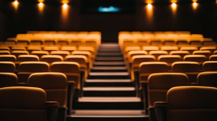 Fototapeta premium A dimly lit auditorium with stairs and seating, creating an atmosphere for performances or events.