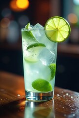 Iced vodka lime, condensation, blurry bar backdrop , refreshing, cocktail, condensation