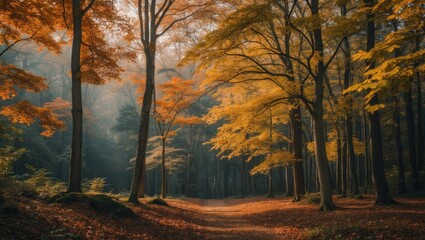 Obraz premium Autumn forest landscape showcasing vibrant foliage, tranquil pathways, and the serene beauty of nature's seasonal transformation.
