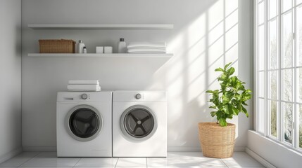 Bright Laundry Room with White Washer, Dryer, and Potted Plant