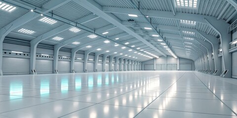 Futuristic Warehouse Wide Angle, Clean Design, Empty Space, Industrial Architecture, 3D Render, Warehouse Interior Warehouse Design, Industrial Space