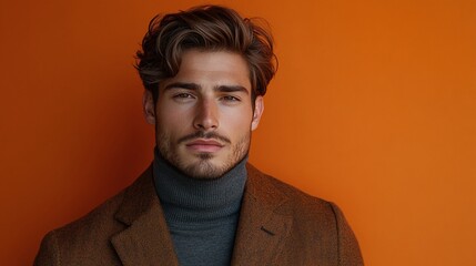 Obraz premium studio portrait of a confident young male model wearing a turtleneck and trendy jacket posing against a vibrant background showcasing urban elegance and contemporary style