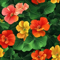 Nasturtium flower plant flora bloom botany seamless pattern ornament design, tile