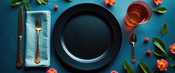 Elegant flat lay arrangement featuring a black plate, cutlery, and garnishing flowers on a vibrant blue table, ideal for restaurant menus.
