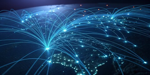 Obraz premium Global Network Abstract Earth with Blue Light Trails, Network Connections, Digital Connectivity Global Network, Connectivity, Digital Transformation