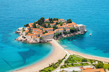 Scenic views of Sveti Stefan's peninsula in Montenegro, a stunning holiday destination with...