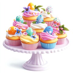 Colorful decorated cupcakes with spring themes and vibrant icing decorations.