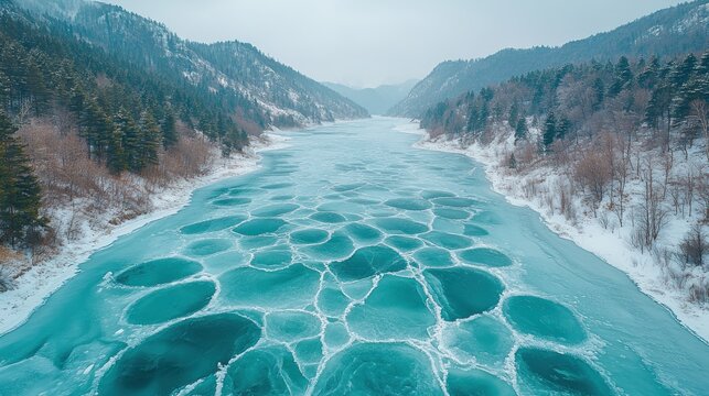 Frozen Lake with Circular Holes, Mountain Valley
