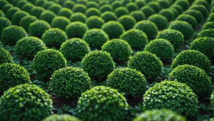 Lush green round topiary hedges in a garden landscape showcasing symmetrical patterns and vibrant foliage of buxus sempervirens plants.