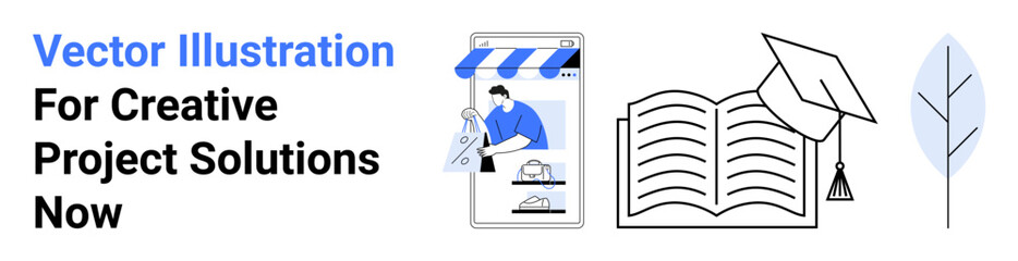 Open book with graduation cap, storefront on a smartphone, decorative leaf. Ideal for education, e-learning, marketing, online shopping, creativity, design professional growth flat landing page