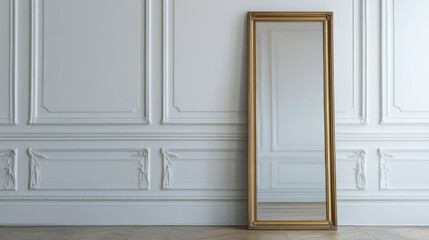 A thin, gold-framed, full-length mirror stands on the floor in front of a white wall with a fireplace.