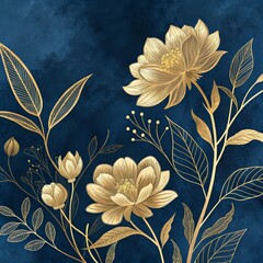 Golden Floral Bouquet on Navy Blue Line Art Composition, Navy Blue Background, Gold Leaf Details, Elegant Botanical Print, Floral Design Botanical illustration, Gold art