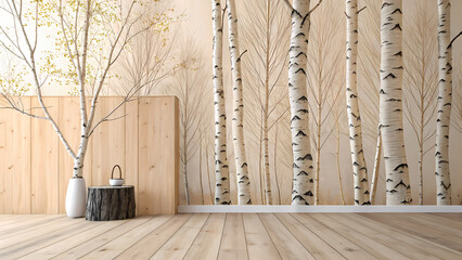 Light colored birch wood interior evokes calmness with texture, subtle grain pattern. Floor blends seamlessly with birch, promoting relaxation