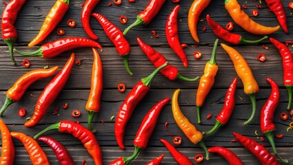 Naklejka premium Vibrant Red and Yellow Chili Peppers Arranged on Rustic Wooden Surface Creating a Spicy Culinary Background for Food Design and Menus