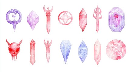 Mystical Sigils and Glyphs, intricate hand-drawn protection symbols and ancient glyphs, watercolor style, isolated on white background, versatile clipart for creative projects