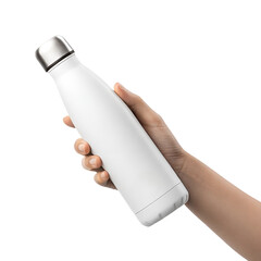 Hand-holding white water bottle mockup isolated on a transparent background