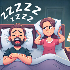 snoring husband and annoyed wife, loud snoring disturbing sleep, frustrated wife covering ears, sleep problem illustration, couple in bed with snoring issue, cartoon of noisy sleep.