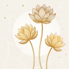 Golden Lotus Trio Minimalist Line Art, Floral Composition, Celestial Background, Gold, Beige, Illustration Lotus flower, line art