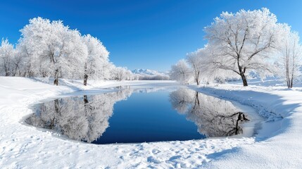 Winter wonderland, frozen lake, snow-covered trees, serene landscape, tranquil beauty