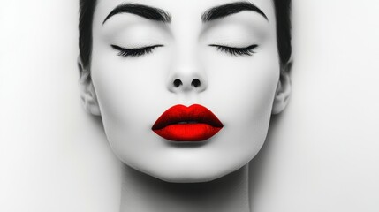 Obraz premium Minimalist Black and White Portrait of a Woman with Bold Red Lips and Closed Eyes