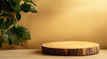 Artistic round wooden podium on soft beige background with greenery