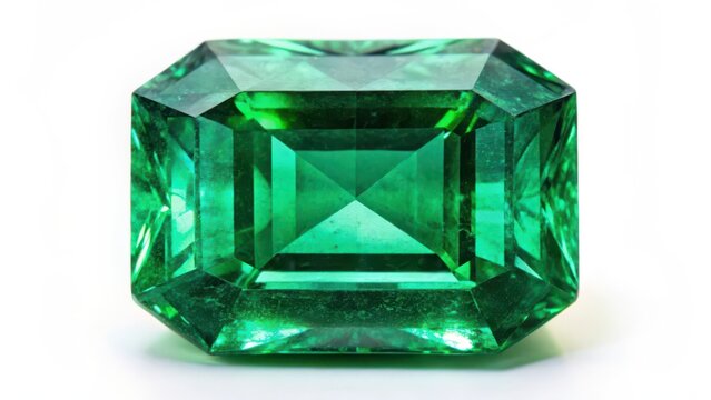 Emerald gemstone, emerald cut, green gemstone, isolated on white