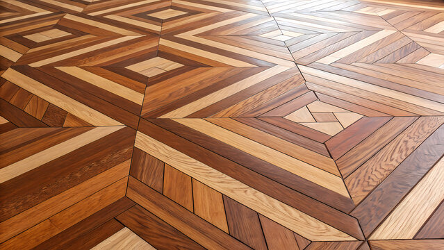 Geometric parquet wood flooring presents captivating visual pattern, showcasing alternating light and dark tones, radiating rustic elegance and intricate craftsmanship