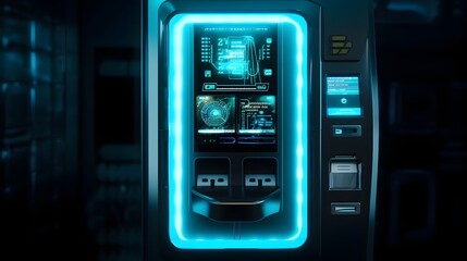 Futuristic vending machine equipped with digital technology and touchscreen interface accepting various cryptocurrency transactions in a sleek modern urban setting