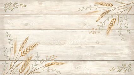 Fototapeta premium Whitewashed wooden planks create serene backdrop, adorned with wheat stalks, evoke tranquility and natural beauty, perfect for rustic elegance