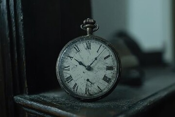 Atmospheric shot of a weathered antique pocket watch with Roman numerals, resting on a dusty ledge, shrouded in soft, moody light, emphasizing age and history.