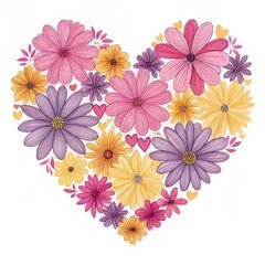 Heart Shaped Floral Composition Watercolor Illustration of Pink, Purple and Yellow Flowers, Love, Romance Floral Heart, Watercolor painting