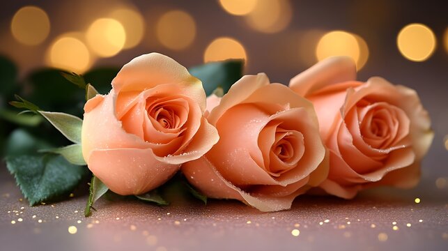 Fototapeta Peach Roses Bouquet Romantic Image with Bokeh Lights