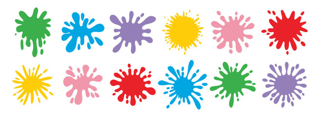 Colorful splatters different shapes. Bright stains and splashes. Ink blots collection clipart elements.